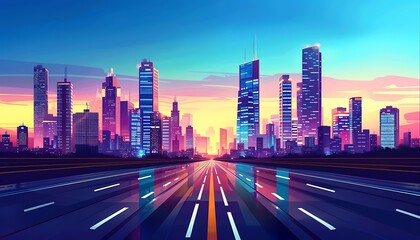 Fototapeta premium Modern city at sunset. Urban landscape with road, skyscrapers and highway.