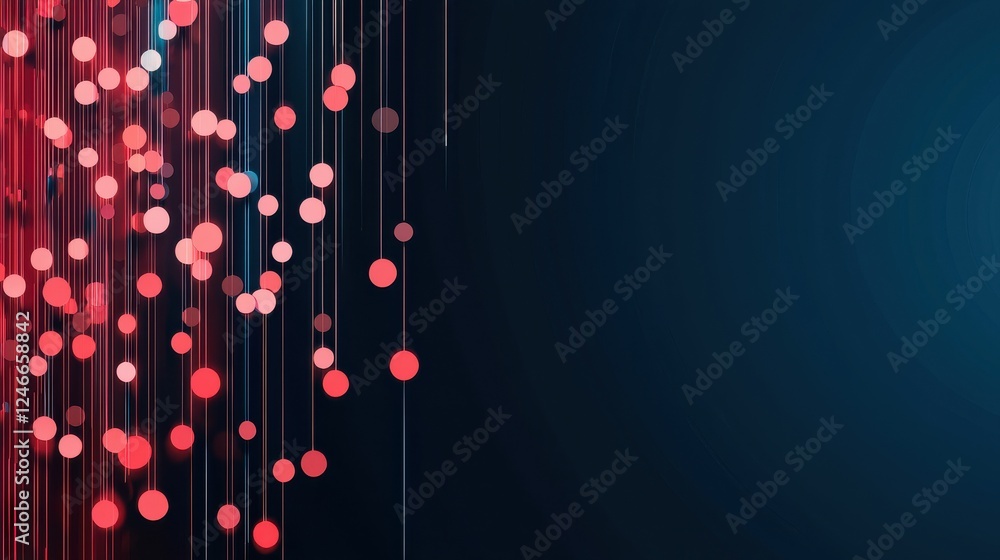 Poster a vibrant digital design featuring red circles suspended from lines against a dark background, creat