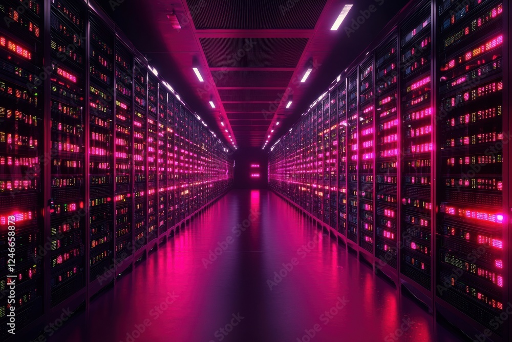 Poster a dimly lit server room with vibrant pink lighting illuminating rows of servers, creating a futurist