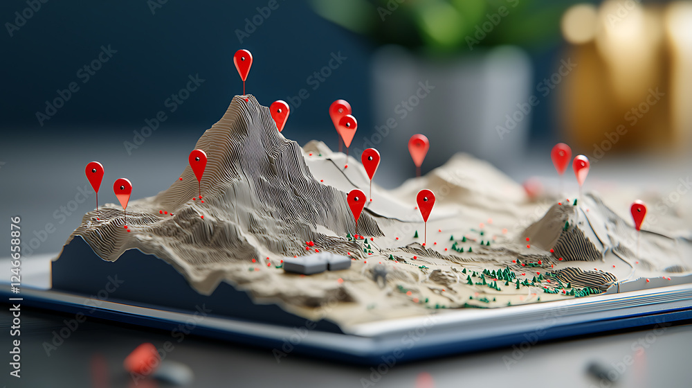 Poster exploring mountain terrain mapping with location pins indoor workspace 3d model modern office enviro