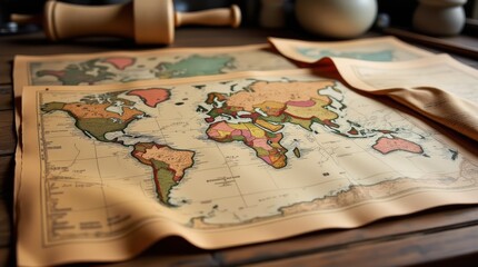 Naklejka premium Antique Maps on Wooden Table With Rustic Lighting Display