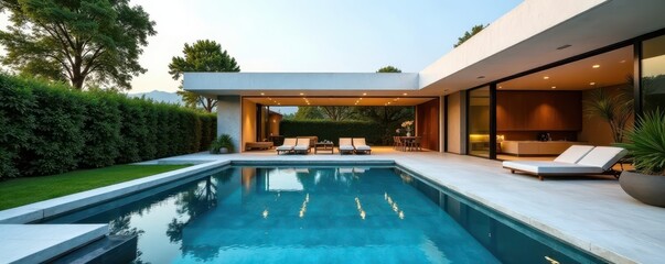 Fototapeta premium Sleek rectangular pool adjacent to minimalist house, residential, home, architecture photography