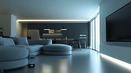 Modern Minimalist Living Room with Sleek Furniture and Bright Lighting