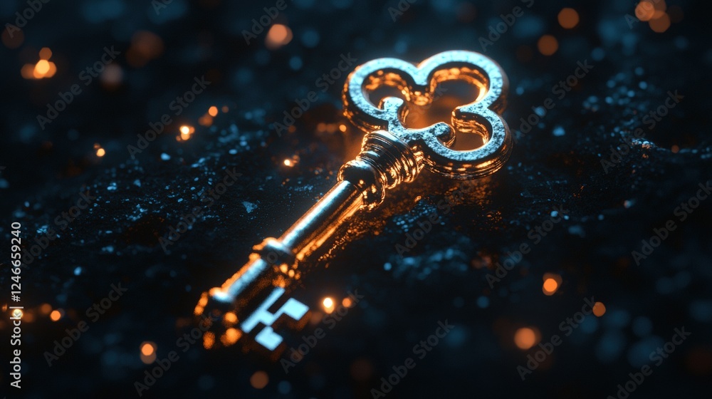 Poster golden key with a unique design set against a diamond shaped background illuminated by soft lighting