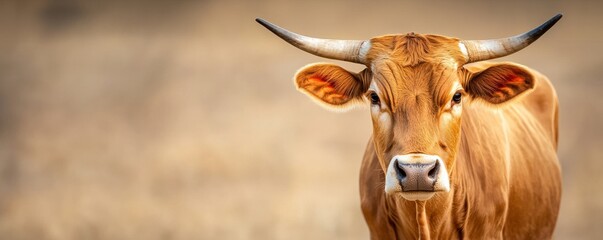 A close-up of a brown cow with prominent horns, set against a blurred natural background, showcasing its calm demeanor.