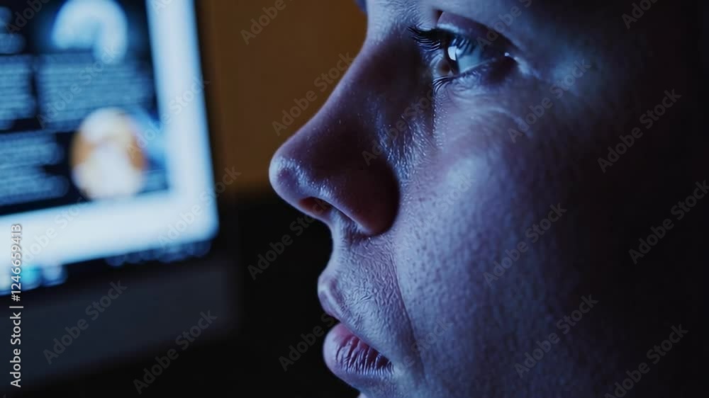 Poster Close up, slow motion profile of a woman's face illuminated by a computer screen displaying information about artificial intelligence ethics