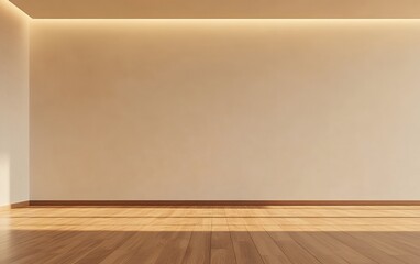 Bright minimalist space with wooden flooring and a sunlit wall perfect for interior design and architectural backgrounds