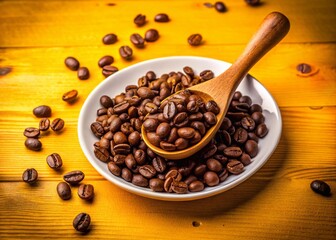 Fototapeta premium Aromatic Coffee Beans on Yellow Background - Stock Photo