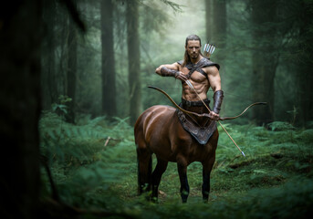 Mythical centaur archer in enchanted forest holding bow and arrows