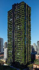 Obraz premium Sustainable urban living tower downtown architecture modern cityscape aerial view eco-friendly design