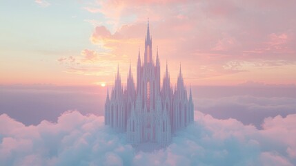 Naklejka premium Majestic castle rising above clouds at sunset fantasy landscape epic view dreamlike atmosphere