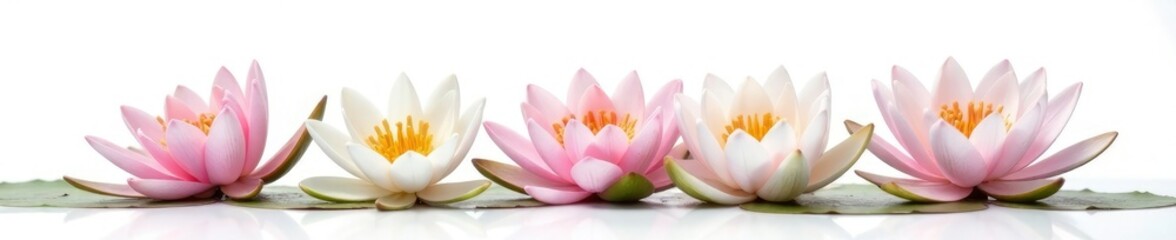 Fototapeta premium Delicate water lily flowers on a white background, elegant, aquatic, botanical