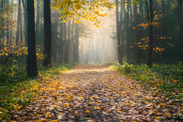 Obraz premium Tranquil Autumn Forest Path with Golden Morning Light 