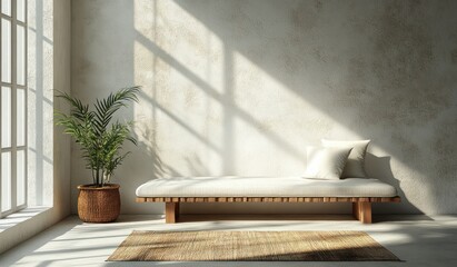 Minimalist Sunlit White Wall Abstract Interior Design Background with Texture and Shadows