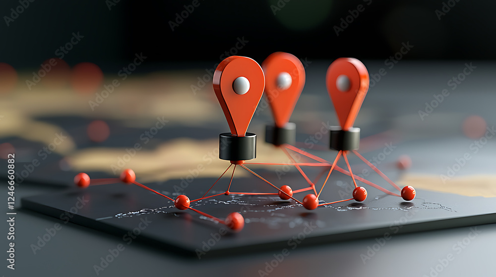 Poster connecting locations with geotags digital map technology interactive content modern environment top-