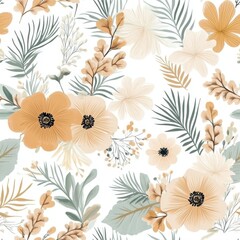 Elegant Beige Floral Pattern with Leaves and Blooms for Modern Decor