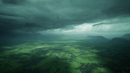 Fototapeta premium Stormy sky over wide-spread green valleys and hills. 