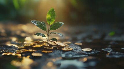 A plant grows out of coins. The concept of investment and profit
