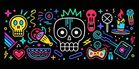 Obraz premium Hand drawn doodle element set, neon colored arrows, speech bubbles, stars, vector illustration