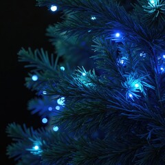Blue Christmas lights cascading down a pine tree's branches, blue, lights, shine