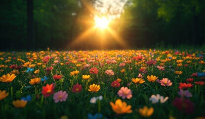 Obraz premium Vibrant Meadow in Spring with Colorful Wildflowers Lush Grass Sunlight and Blue Sky
