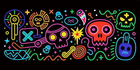 Hand drawn doodle element set, neon colored arrows, speech bubbles, stars, vector illustration