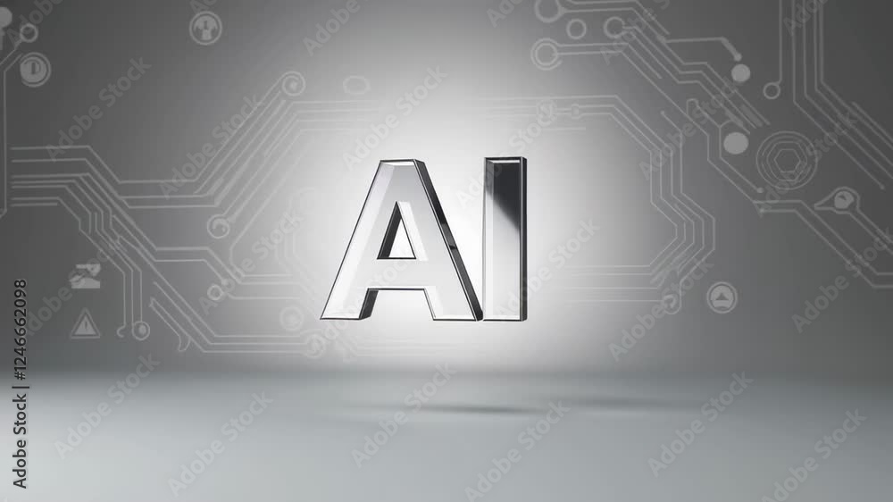 Poster Metallic ai symbol gradually rotating against white background, displaying intricate circuit board pattern representing technological advancement and digital intelligence evolution