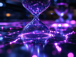  digital hourglass with glowing, pink sand flowing through it, set against a background of blue and pink lights, creating a futuristic and ethereal atmosphere.