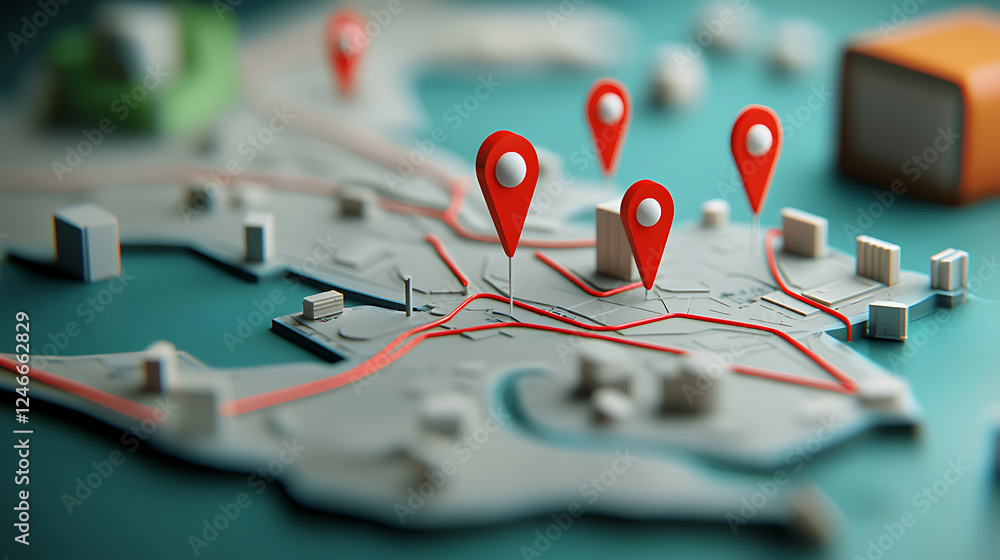 Poster exploring urban navigation map visualization with location pins cityscape digital content aerial vie