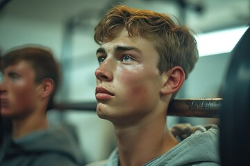 Young man lifting the barbell in the gym with instructor