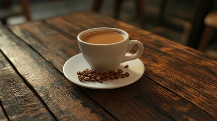 Obraz premium A coffee cup with coffee. With Grains On an old wooden table