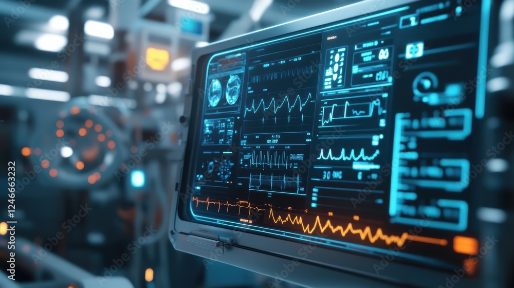 Poster a medium closeup of a robotic nurses interface screen displaying realtime health data such as vital 