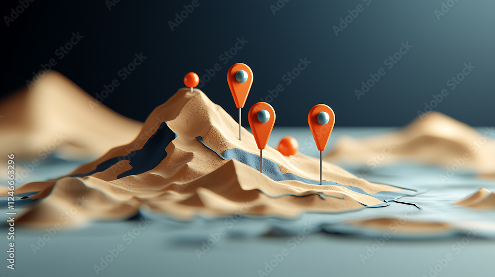 Poster exploring mountain landscapes with location pins 3d model visualization creative design indoor close