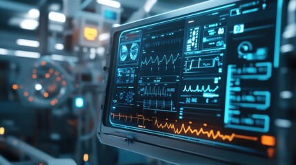 Obraz premium A medium closeup of a robotic nurses interface screen displaying realtime health data such as vital signs and medication schedules. The glowing interface is surrounded by soft lighting