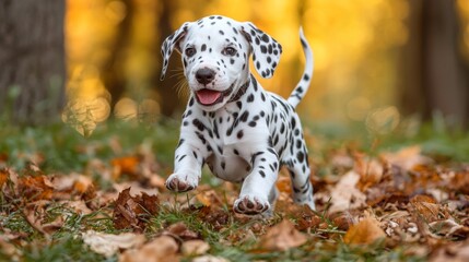 Playful Dalmatian Puppy Running Through Colorful Autumn Leaves in Nature Joyful Moment Captured Outdoors