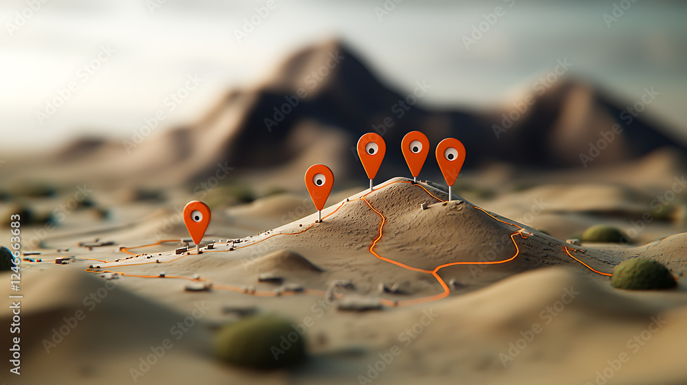Poster exploring geographic navigation points in desert landscapes a 3d visualization of terrain features a