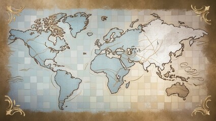 Vintage World Map on a Grunge Background with Decorative Ornate Gold Accents