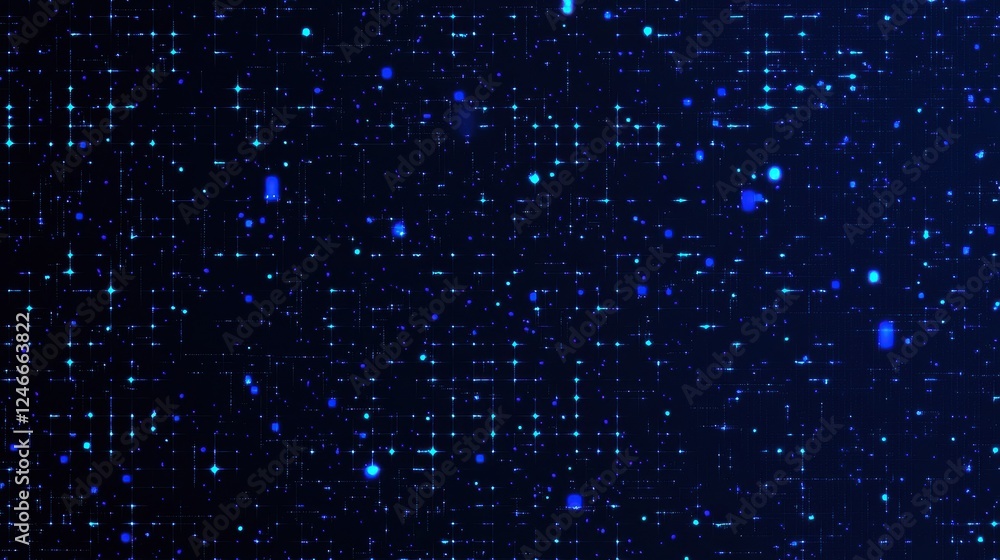 Poster blue digital particles floating on dark blue background with glowing square shapes