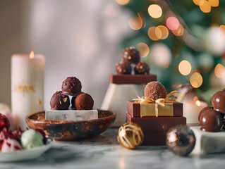 Gourmet chocolate truffles displayed on festive table with decorations
