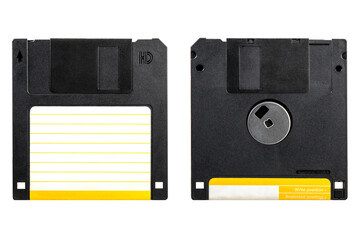 2HD floppy drive disc front and back view. Isolated.