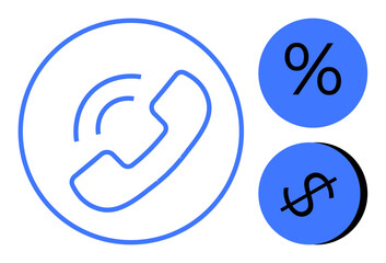 Phone receiver inside a circle, percentage symbol, dollar sign. Ideal for business calls, financial services, consultations, negotiations, telecommunications customer service economics. Simple