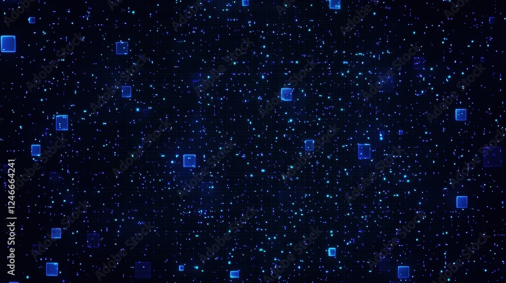 Aufkleber digital blue particles and glowing squares floating on a dark background