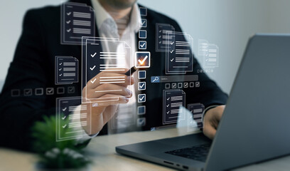 Business productivity checklist and filling survey form.Fast checklist and clipboard task...