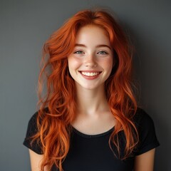 Fototapeta premium Smiling redhead on gray.