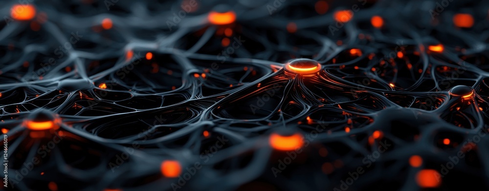 Poster a close-up view of a complex network of interconnected nodes, glowing with orange highlights against