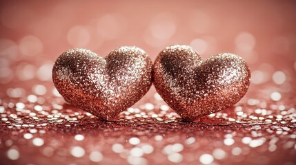 Fototapeta premium Shiny Glitter Hearts Against Soft Blurred Background with Bokeh Effect