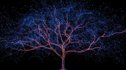 A vibrant, abstract depiction of a tree illuminated with blue and purple light against a dark background, evoking a sense of wonder and creativity.