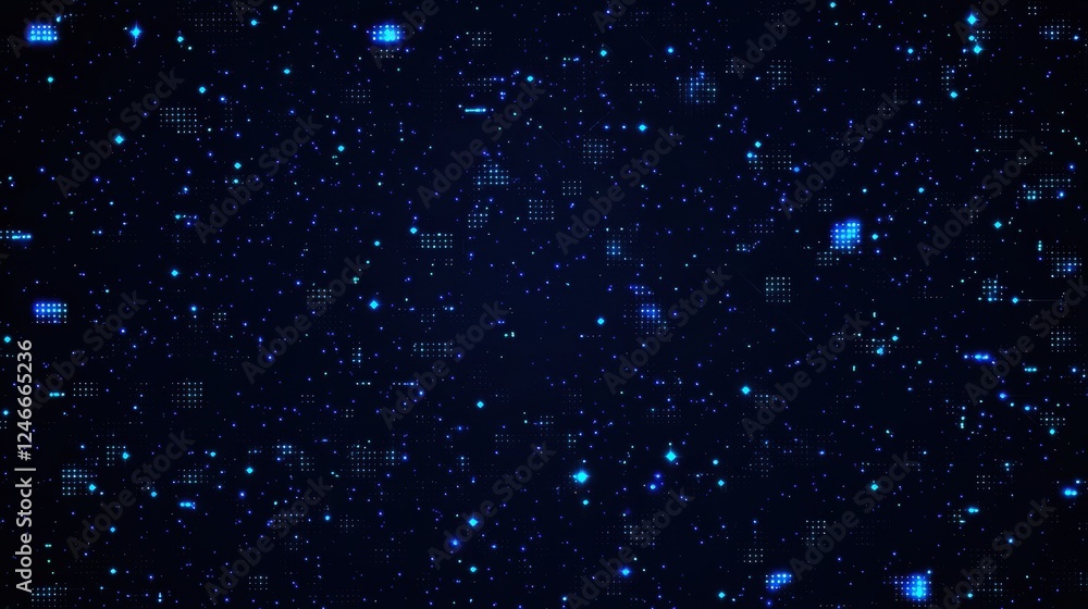 Poster Glowing digital particles and pixel dots creating a futuristic background
