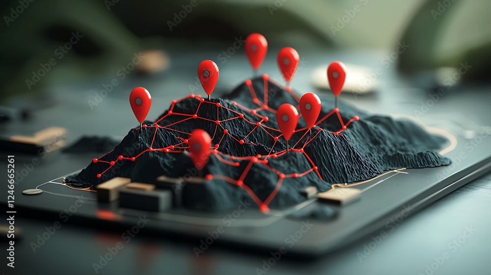 Poster mapping connectivity analyzing geospatial data with red markers on a 3d terrain model in a modern of