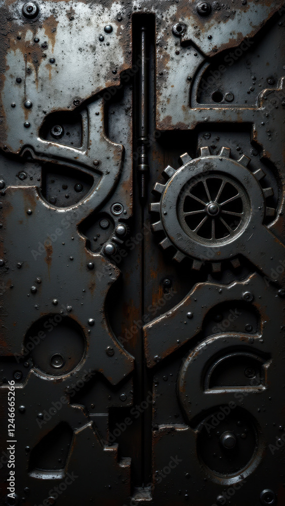 Poster this image features a vintage industrial machine with intricate details and rusted elements, suggest